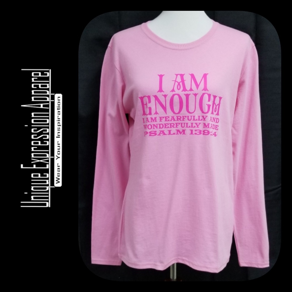 "I Am Enough" casual lng slv pink graphic tee